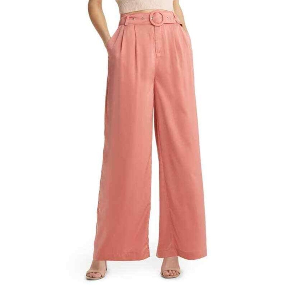 Vici Wide Leg Coral-Peach Silky Pants with Circular Buckle Belt - Picture 1 of 15
